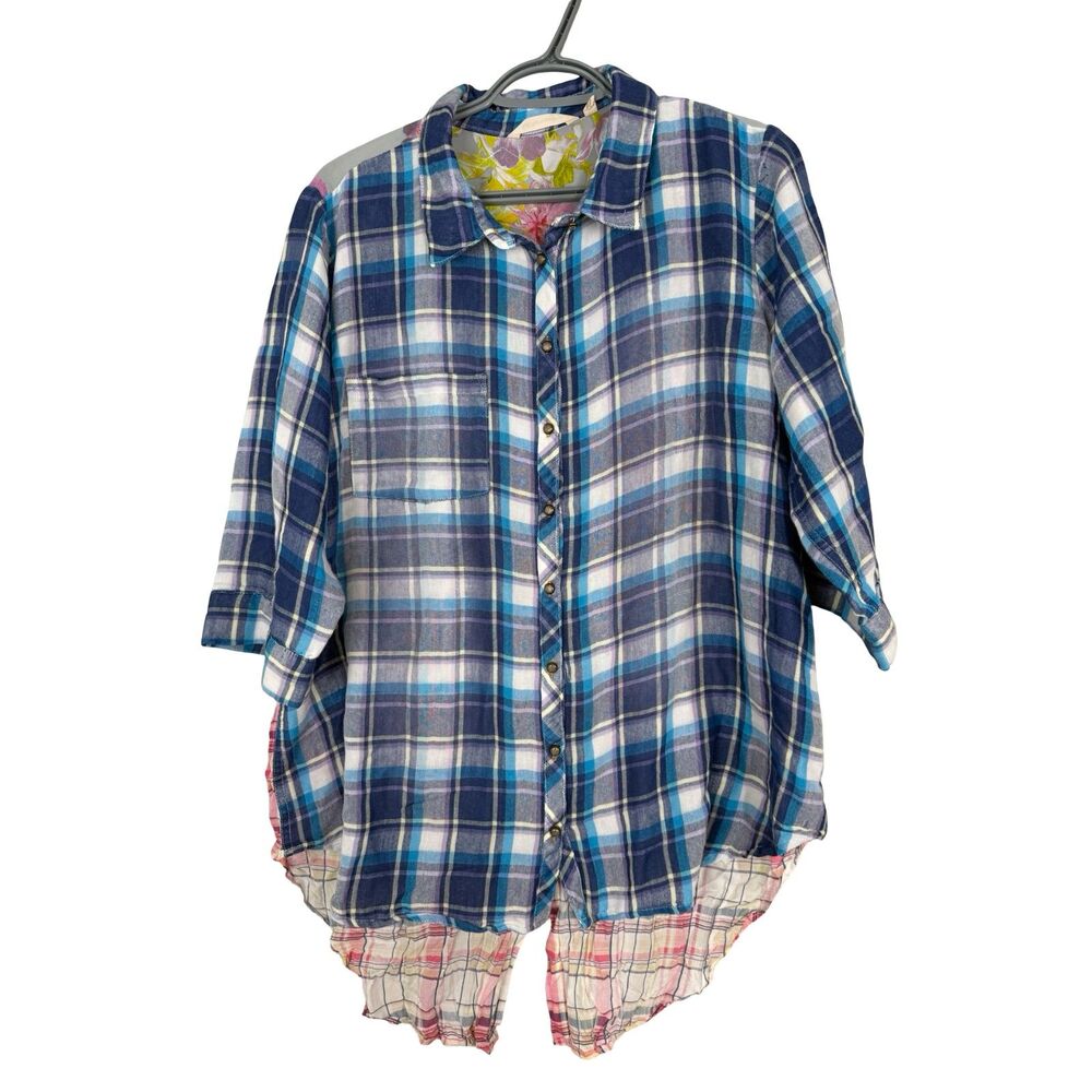 Soft Surroundings Plaid Button Up Top Sz L Boho Floral Mixed Media Colorful